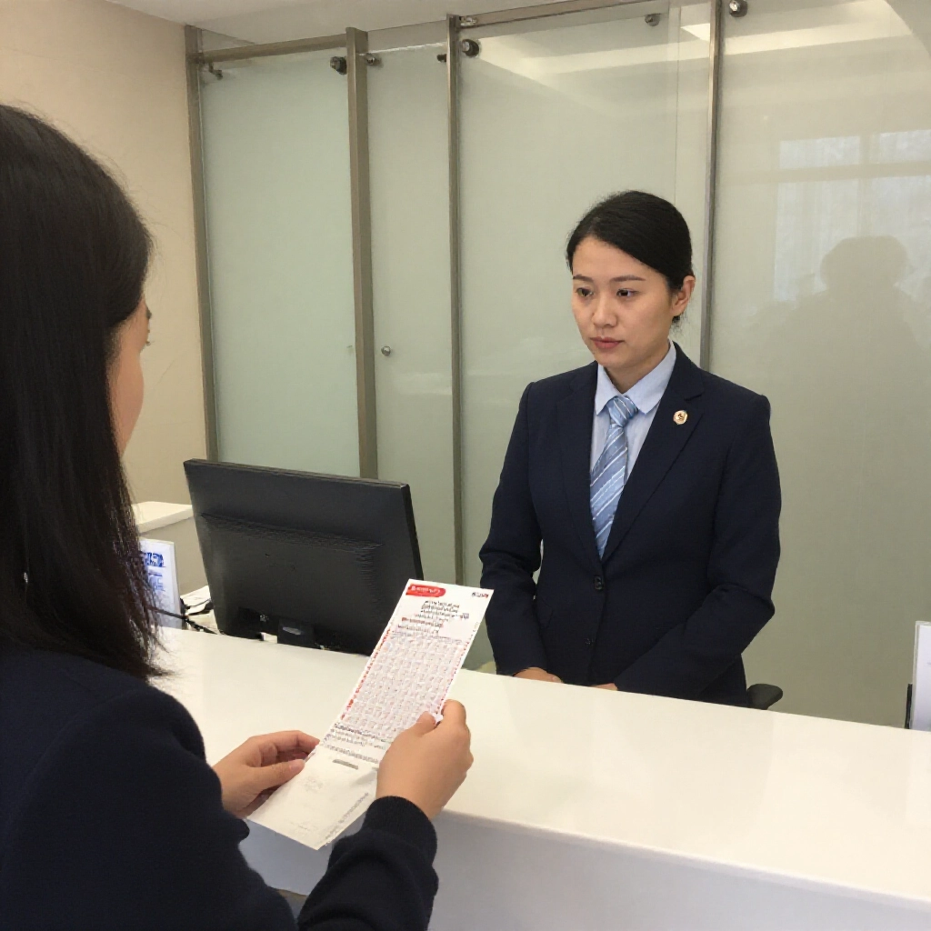 Person at China Trust Bank counter showing lottery ticket to staff in modern VIP room secure atmosphere with privacy screens and professional banker assisting