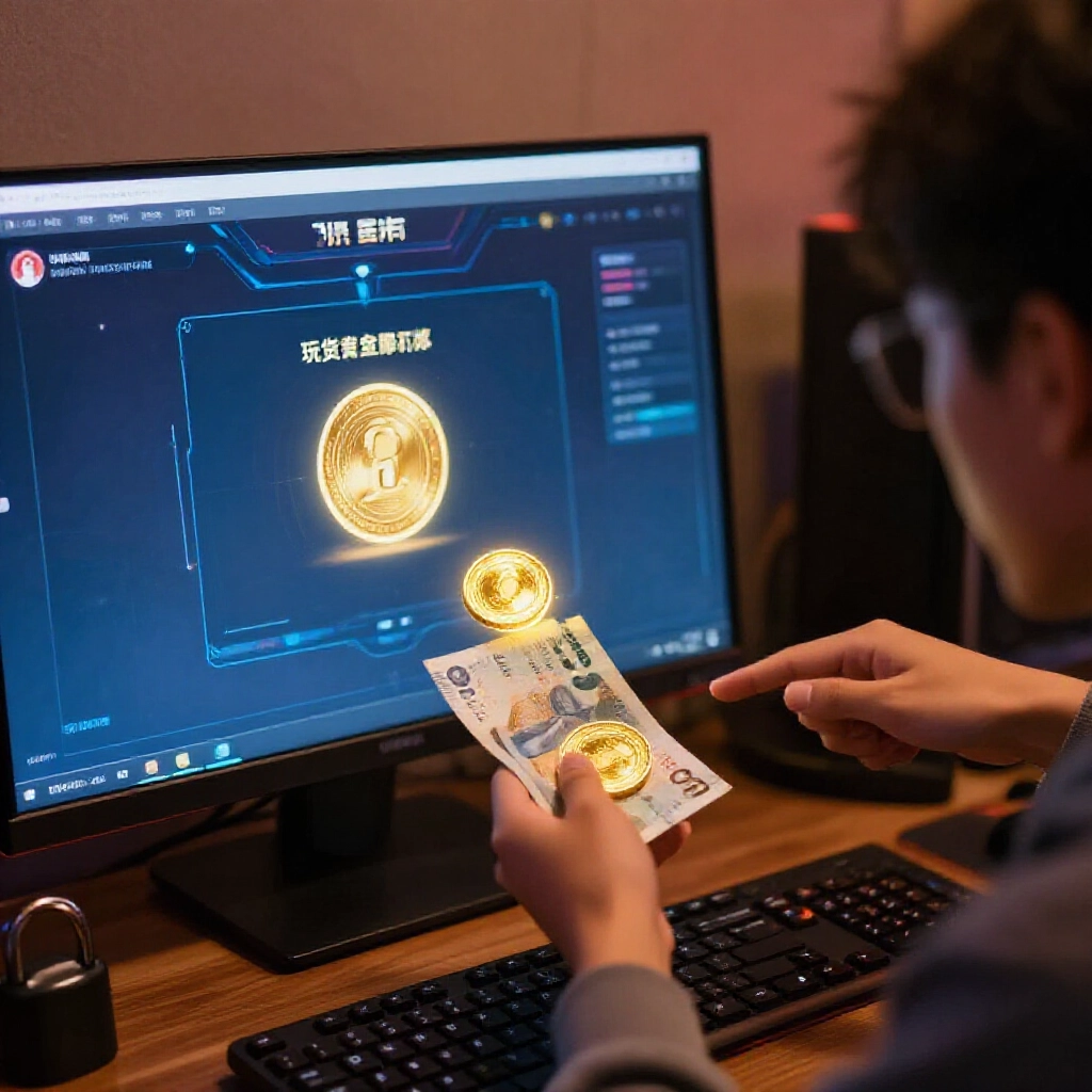 玩家在舒適遊戲房間的電腦螢幕上，從金好運娛樂城遊戲介面兌換閃亮虛擬金幣給第三方幣商，旁邊有台幣鈔票和安全鎖圖示