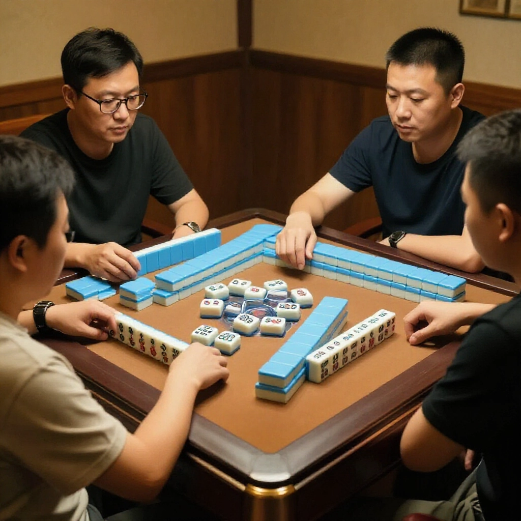 四位玩家圍著台灣傳統麻將桌,一位閒家手牌完美十三張聽牌,盯著第一張棄牌,氣氛緊張,燈光昏黃溫暖,牌子散落桌邊