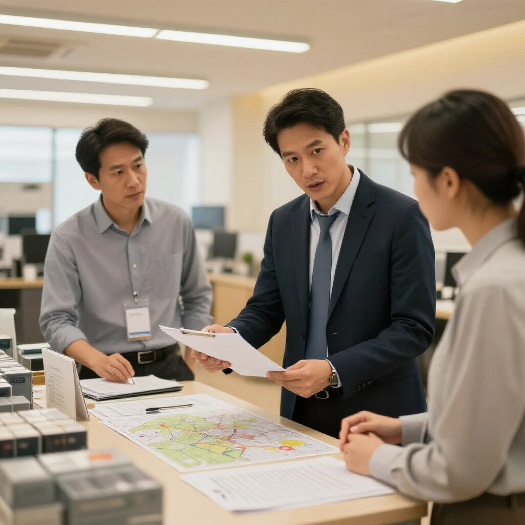 專業商人與廠商代表在明亮辦公室討論品牌授權,周圍擺滿產品樣本、地圖和合約,營造專注談判氛圍