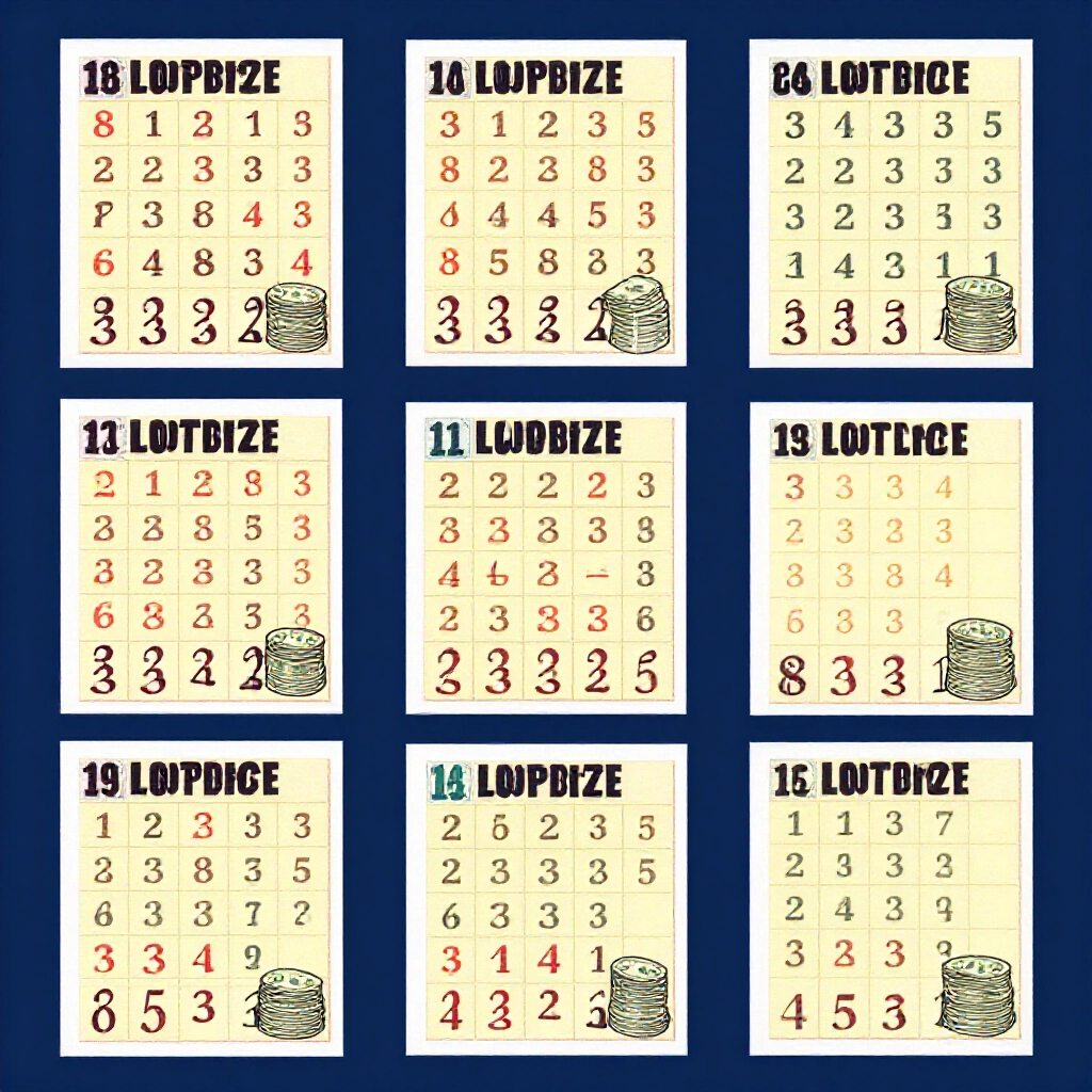 detailed infographic showing seven combinations from lotto ticket breaking into three fifth prizes and four regular prizes with mathematical icons and currency stacks