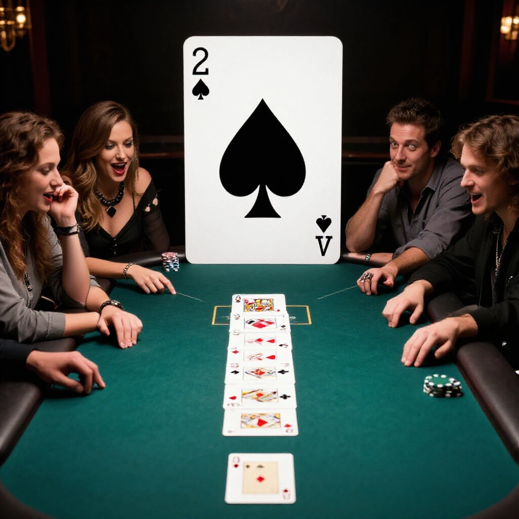 A dimly lit poker table with black spade 2 towering over ace king queen jack in descending order suits from spades hearts diamonds clubs highlighted and club 3 tiny at bottom excited players leaning in