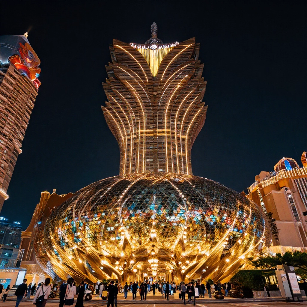 luxurious golden lotus shaped grand lisboa casino tower glowing at night in macau with bustling crowds entering the elegant facade under vibrant neon lights