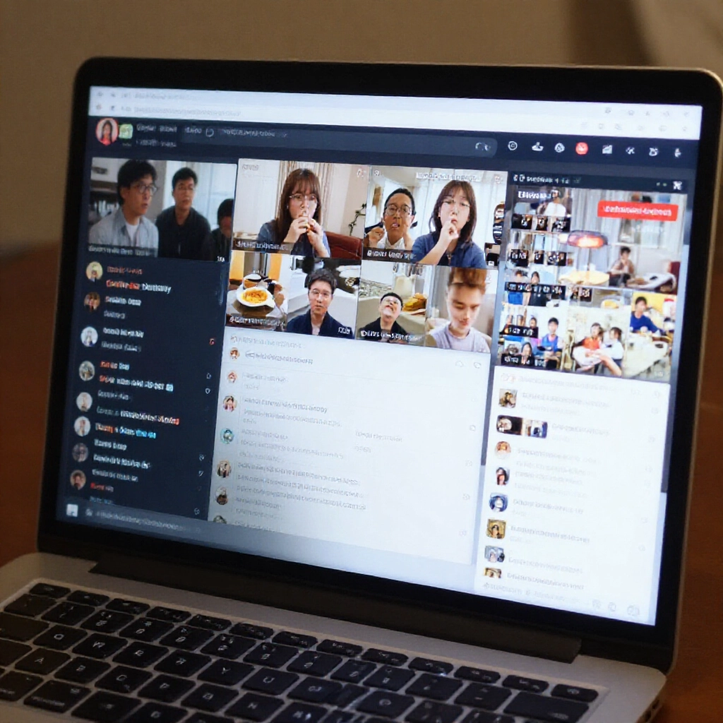 Live streaming interface on laptop screen displaying real time California lottery results with chat comments scrolling audience in Taiwan watching intently during breakfast time soft ambient lighting focused on digital display
