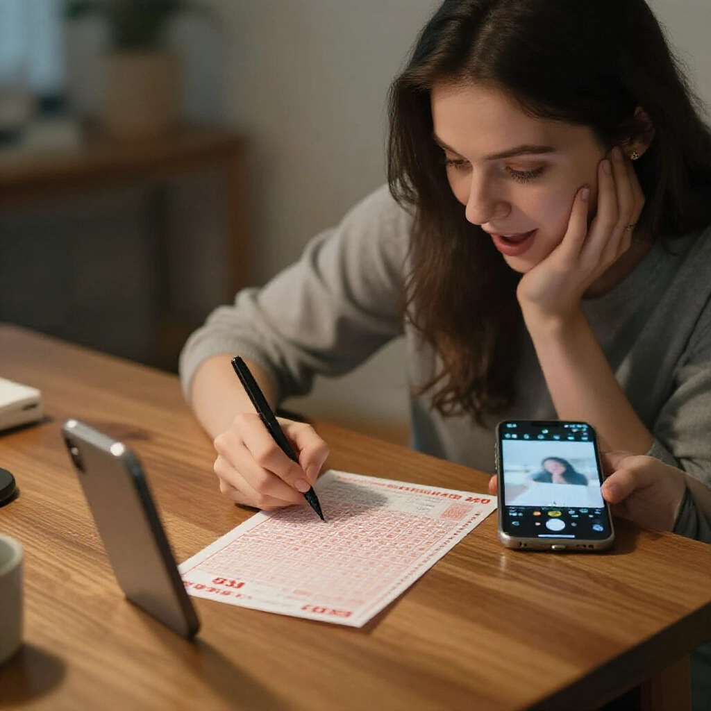 Excited lottery winner carefully signing the back of a 539 ticket in a quiet home with smartphone photographing it nearby soft ambient lighting on wooden table