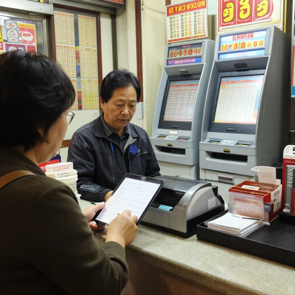 投注站櫃檯列印彩票,員工幫玩家確認轉帳,平板秀銀行資料,安全 ATM 機,傳統台灣運彩氛圍