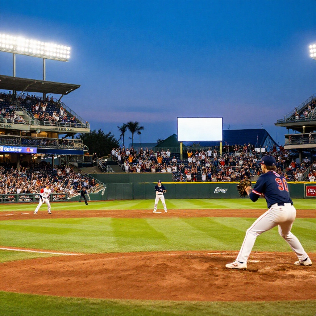 Vibrant baseball stadium at dusk with excited crowd pitcher on mound delivering first pitch batter poised at plate scoreboard blank for inning start dynamic action lights glowing