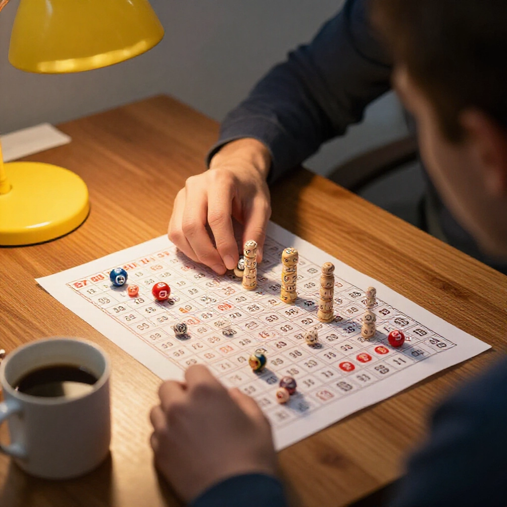 lottery player at wooden desk sorting numbered balls into tall vertical pillars on paper chart under soft yellow lamp light with coffee mug nearby