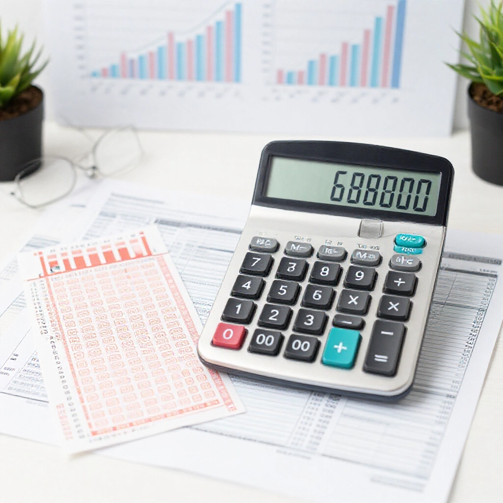 Calculator displaying 8000000 minus taxes showing 6368000 on screen beside lottery ticket and tax documents in bright office setting with financial charts background