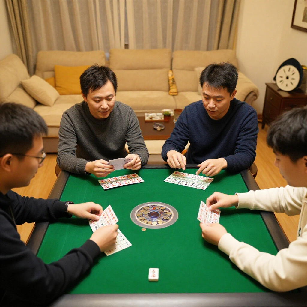 Four friends gathered around a traditional Taiwanese mahjong table in a warmly lit living room examining betting slips and coins while gesturing about base and point values on the green baize