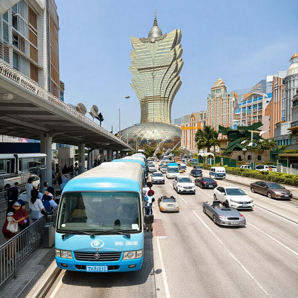 blue branded free shuttle bus parked at guan gate border station in macau with passengers boarding amid sunny daytime traffic leading to grand lisboa casino