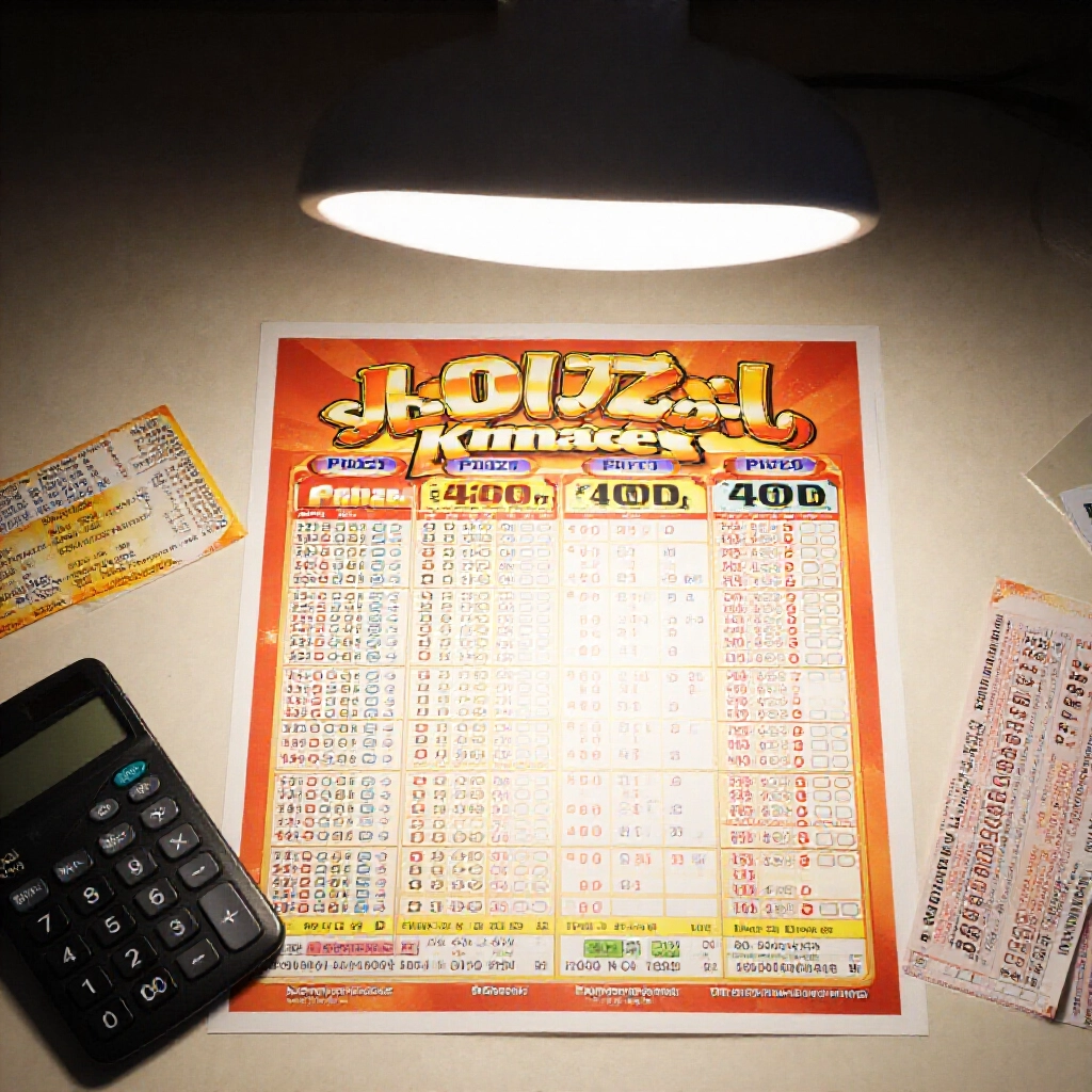 prize chart displaying big lotto special number awards like 400 NTD for two codes plus special under soft desk lamp light with calculator and tickets nearby