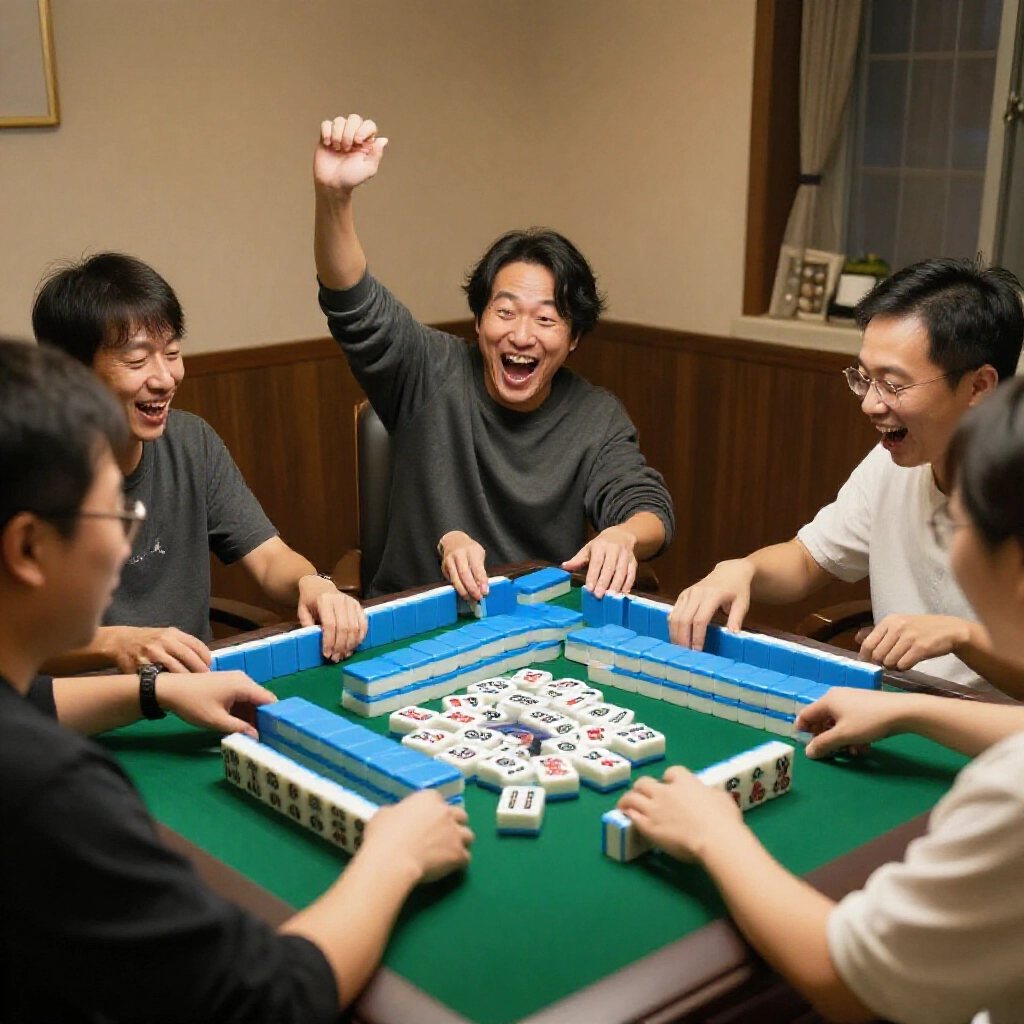 A triumphant player announcing self-draw in Taiwanese mahjong as the other three pass money across the table amid excited expressions and scattered tiles in a cozy evening gathering