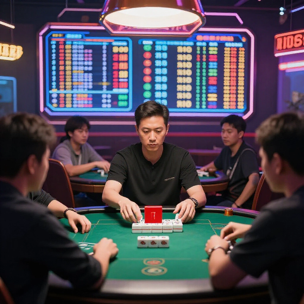 庄家 position marked with red banker drawing tile connected庄 multipliers idle players looking tense payout distribution implied high stakes vibrant neon lit game room night scene