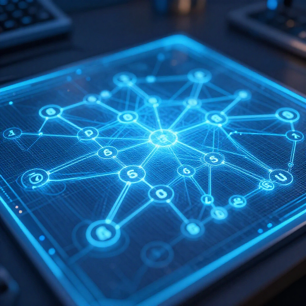 Abstract view of covering design math with linked number nodes and coverage paths on a glowing digital board in a strategy room with blue lighting