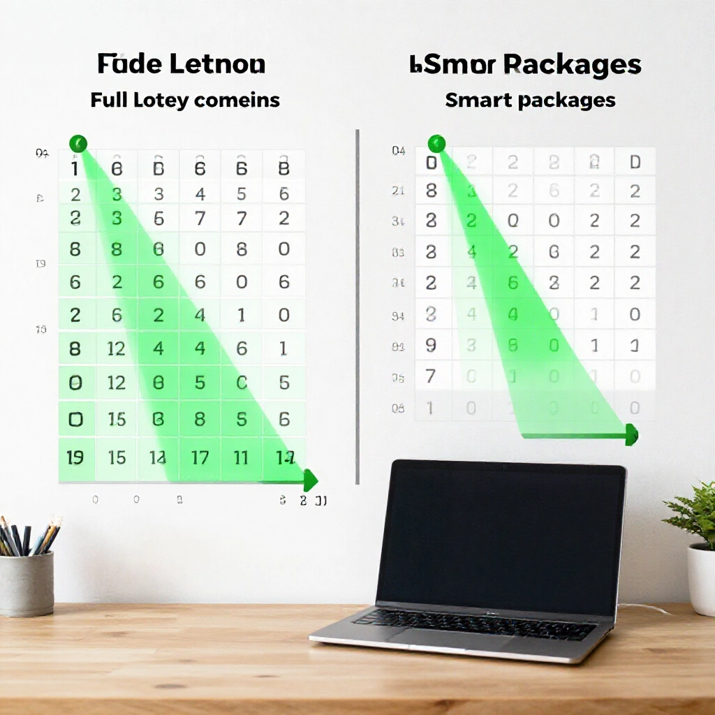 Side-by-side chart comparing full lottery combos to smart packages, dropping from 126 to 12 notes on a laptop in a home office with green savings highlights