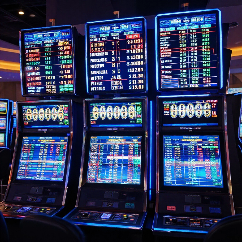 Casino lobby dashboard displaying multiple slot machines stats showing spin counts payout rates graphs with highlighted hot machine low spin high RTP versus high spin low RTP under cool blue digital glow