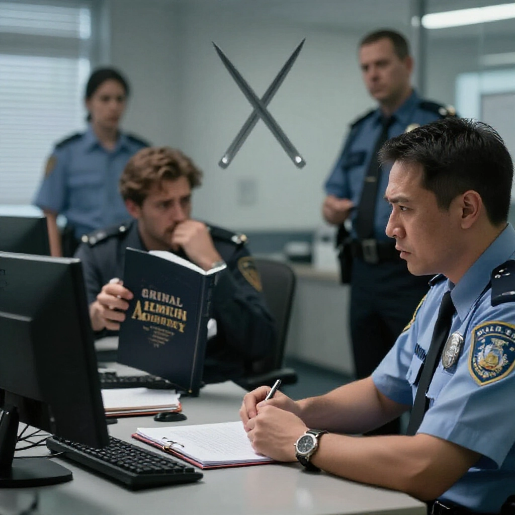 警察局裡,一個焦慮的賭徒正向員警解釋威脅情況,桌上放著筆記本跟刑法書,氣氛嚴肅灰調