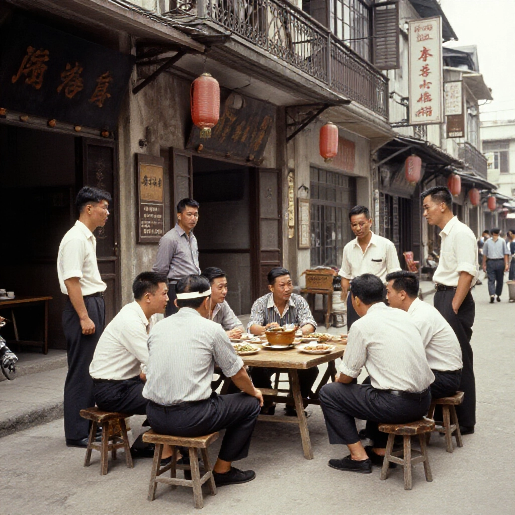 1960年代台中中山路老街景，硬漢們聚在舊店前，瀰漫粗獷的黑幫起源氛圍