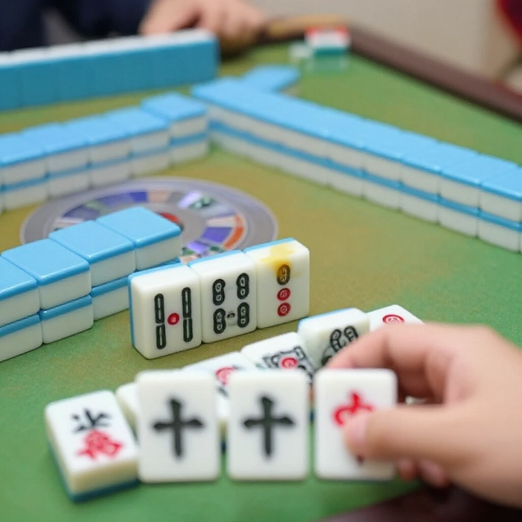 closeup mahjong hand with three concealed sets door clear formation player flipping winning self drawn tile score calculation overlay showing one plus one plus one equals three tai serious discussion atmosphere