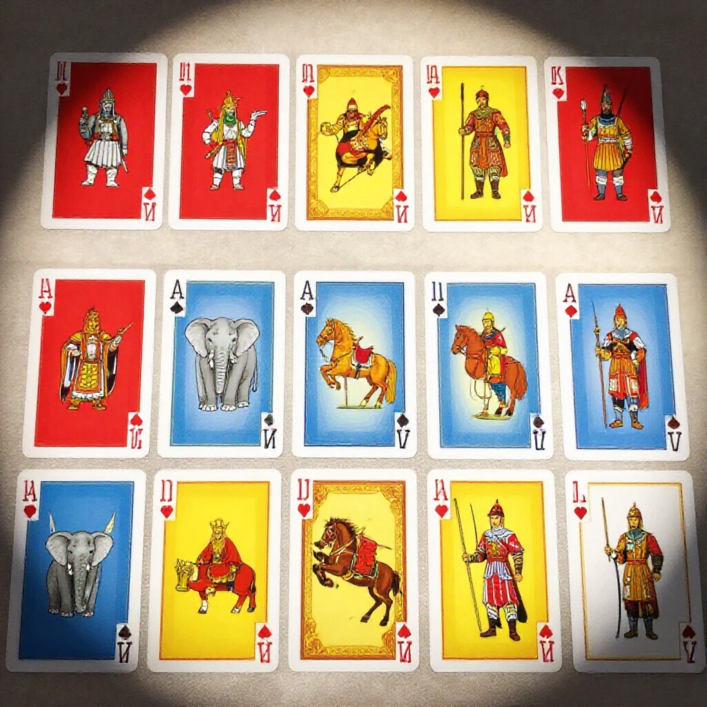 一副完整四色牌鋪滿木桌,紅黃藍白四色七種牌面整齊排列,軟燈光下清楚可見