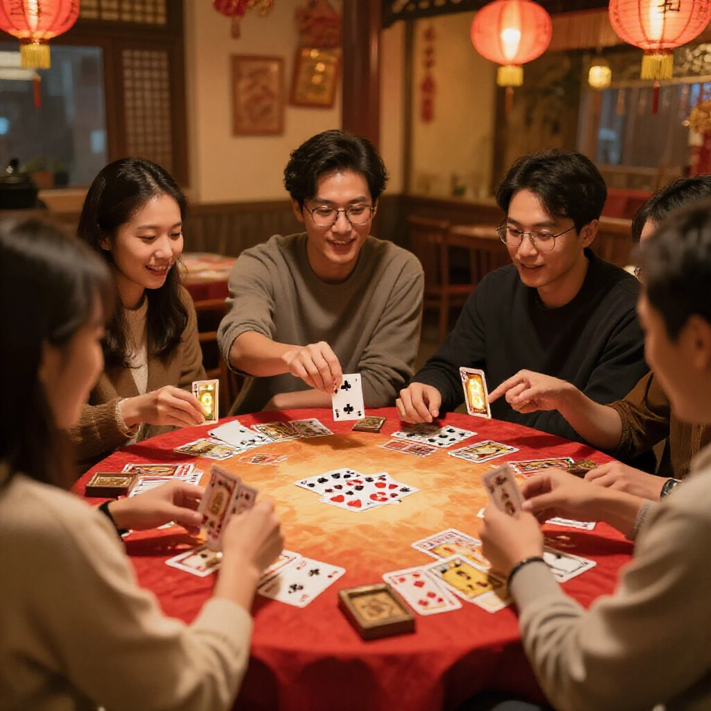 lively group of friends at a festive taiwanese table playing big two card game with club three card leading the play and twos glowing as kings under warm lantern light