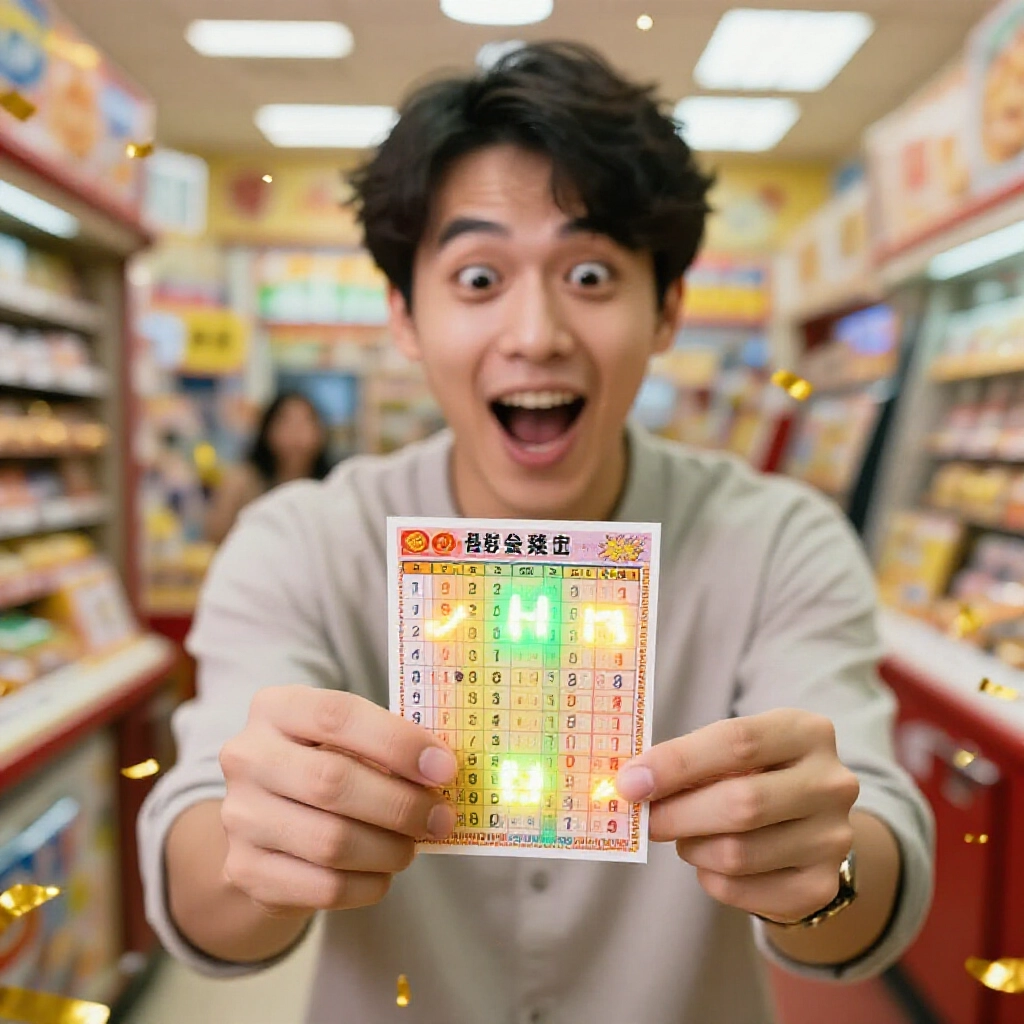 excited taiwanese lottery player holding colorful ticket with seven numbers four glowing as matches surrounded by golden confetti in bright lottery shop atmosphere