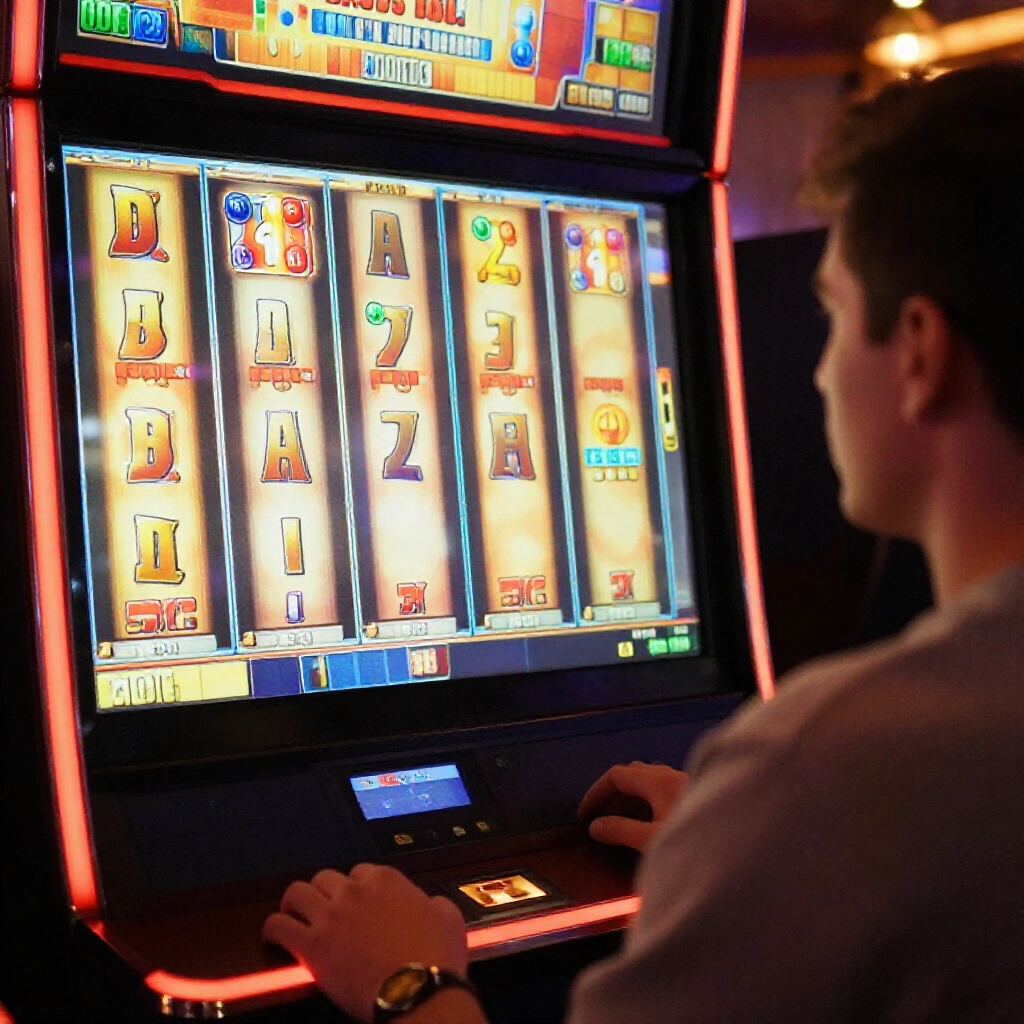 Player intently observing slot game spins small wins scattering across reels frequent scatter symbols nearly triggering free games multiplier icons appearing often in tense focused gaming session warm ambient lighting