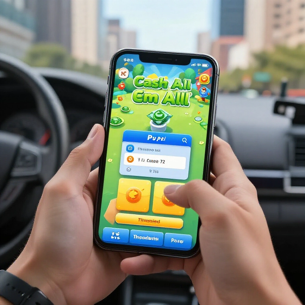 Person playing mobile game app like Cash em All on phone accumulating points towards PayPal withdrawal threshold in urban commute setting with cityscape background