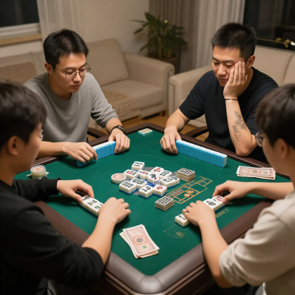 Players at a lively mahjong session reacting differently to stable low-point bets versus high-stakes thrilling hands with stacks of bills and tiles under soft ambient lighting in a home setting