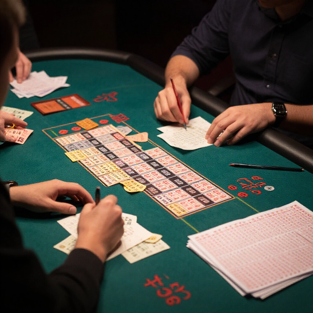 dimly lit betting table where players sort mark six numbers to compute tai hao combinations using paper notes pens and lottery result sheets