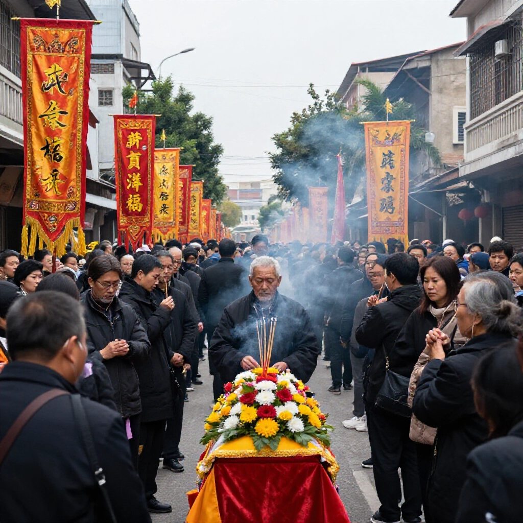 grand somber funeral scene in bustling Chiayi street lined with mourners politicians and traditional banners under overcast sky crowds paying respects to a revered community elder with incense smoke and floral tributes