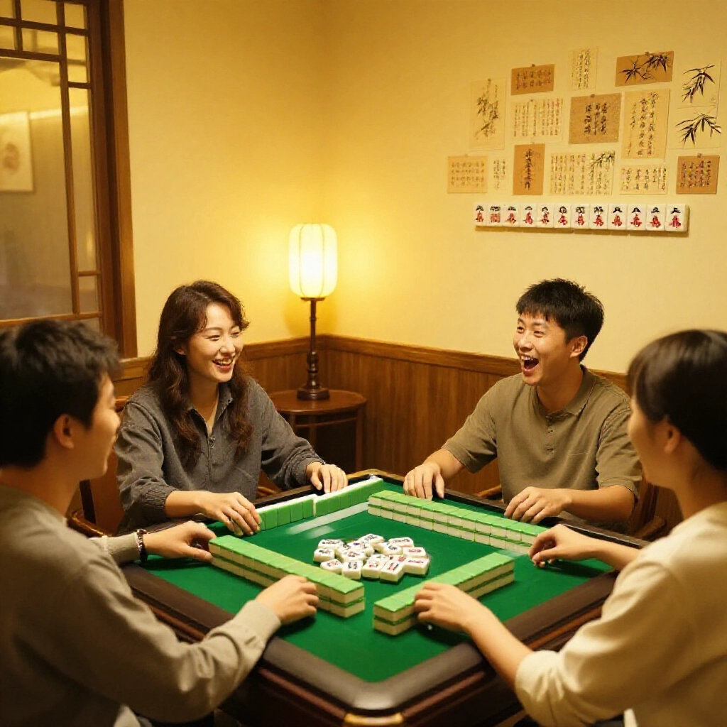 cozy taiwanese living room four players around green mahjong table one excitedly drawing final tile from wall pure hand no melds joyful expressions warm yellow lighting bamboo character tiles scattered