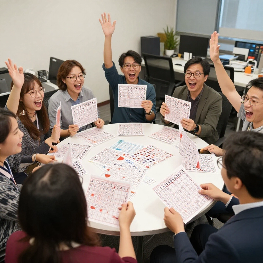 台灣辦公室派對熱鬧場面,大家圍著25格賓果卡歡呼,橫豎斜線連成一片,手舉高喊勝利