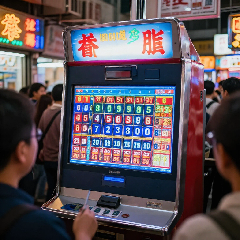 台灣投注站內閃爍的今彩539電腦選號螢幕,從01到39隨機挑五個號碼,周圍霓虹燈光和熱鬧人群