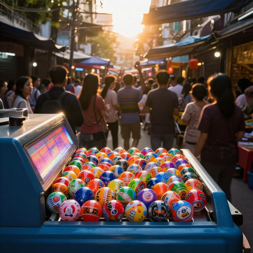 Vibrant digital display of colorful Vietnamese lottery balls emerging from a machine in a bustling Hanoi street market under golden afternoon sunlight with excited crowd silhouettes in background