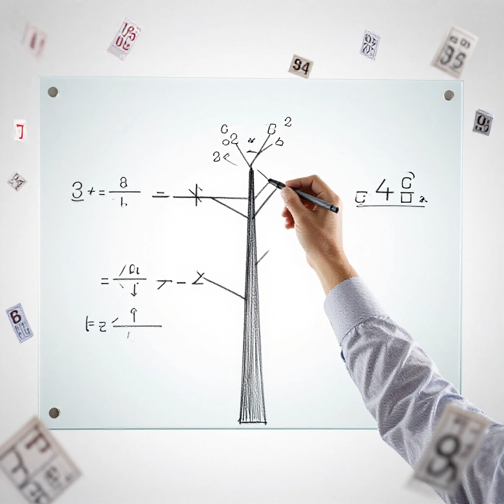 mathematician drawing multiplication formulas between pillar branches on glass board surrounded by floating lottery numbers in bright studio lighting