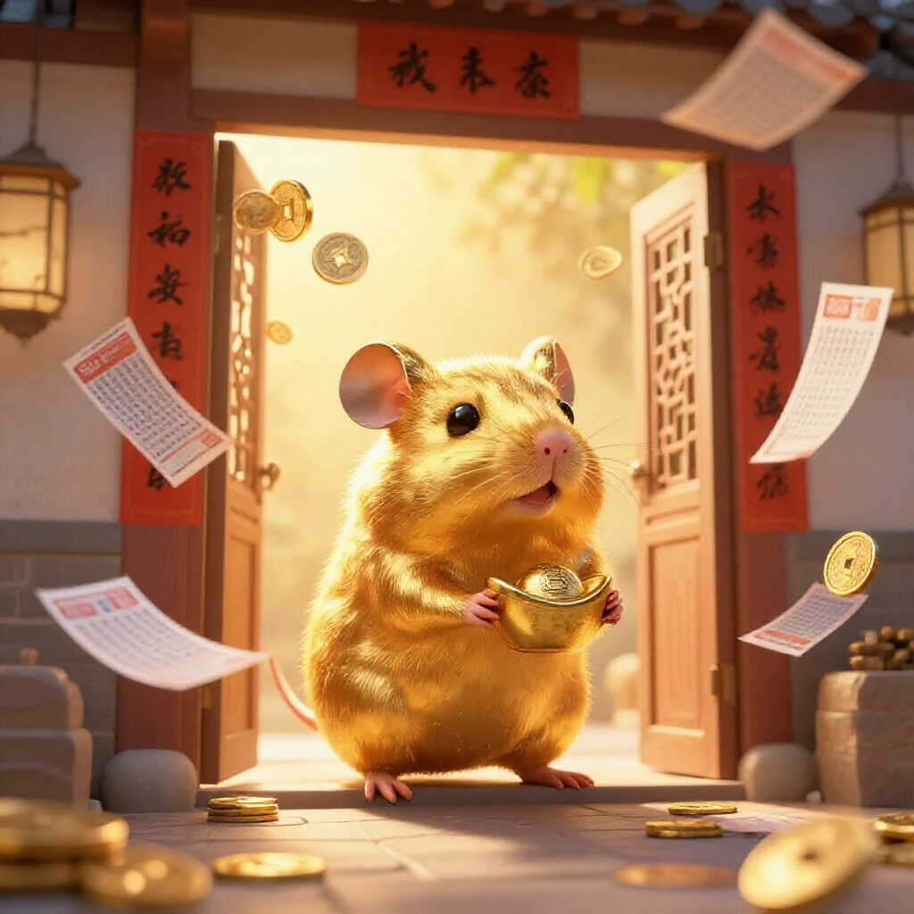golden rat symbolizing wealth entering traditional chinese home with coins and lottery tickets floating in warm golden light evoking prosperity and subconscious dreams