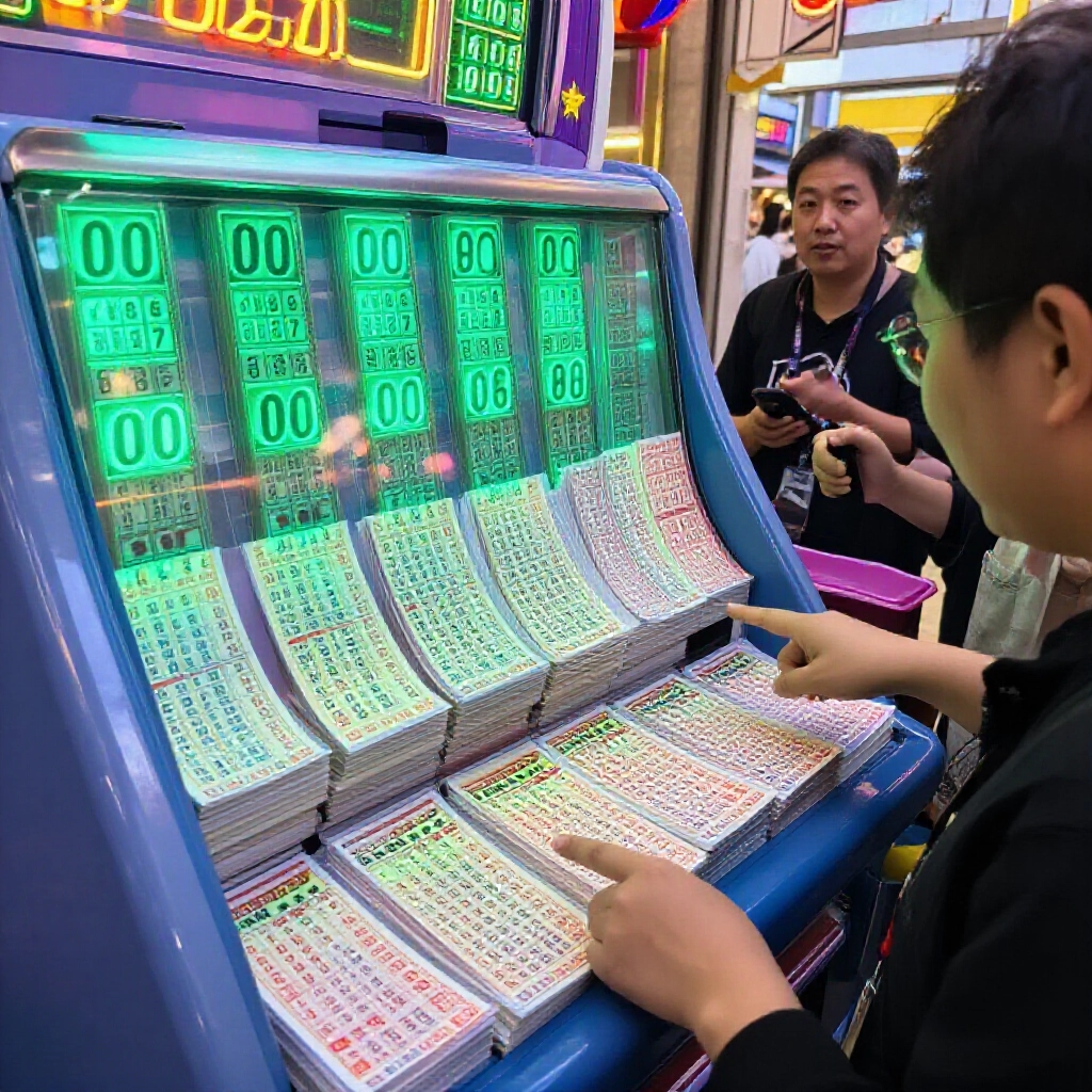 台灣彩票櫃檯堆滿000到999的三星彩票,綠色霓虹價牌閃爍,玩家興奮指號碼,營造熱鬧投注氛圍