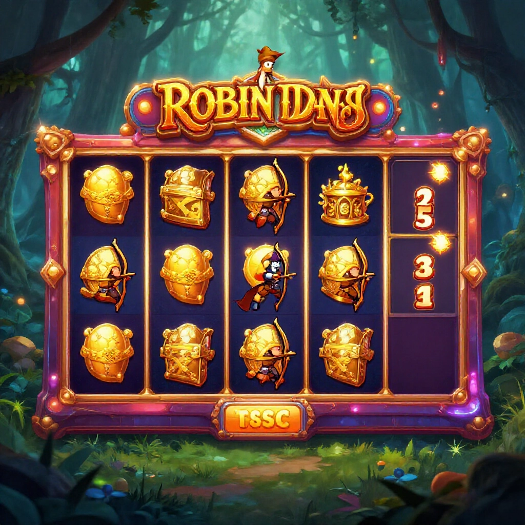 Dynamic five reel slot machine interface with Robin Hood archer symbols golden treasures and escalating multiplier badges glowing on screen amid misty medieval forest backdrop vibrant neon lights pulsing
