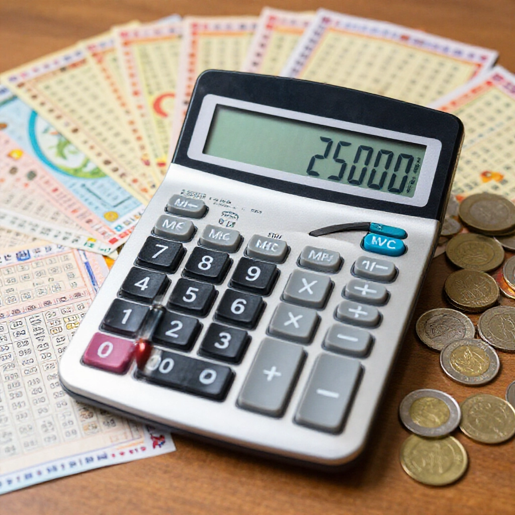 計算機顯示 1000 組三星彩各 25 元，總計 25,000 元投注成本，周圍散落台灣彩券與硬幣