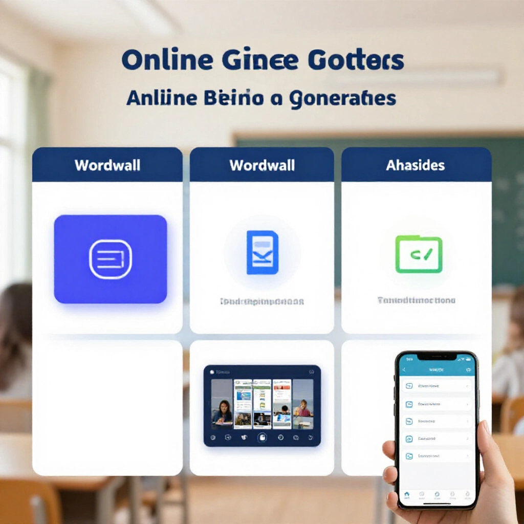 現代介面上的比較圖表,突出 Wordwall 跟 AhaSlides 等五款線上賓果產生器,圖示自訂、列印、手機掃描功能,背景是明亮教室教學環境