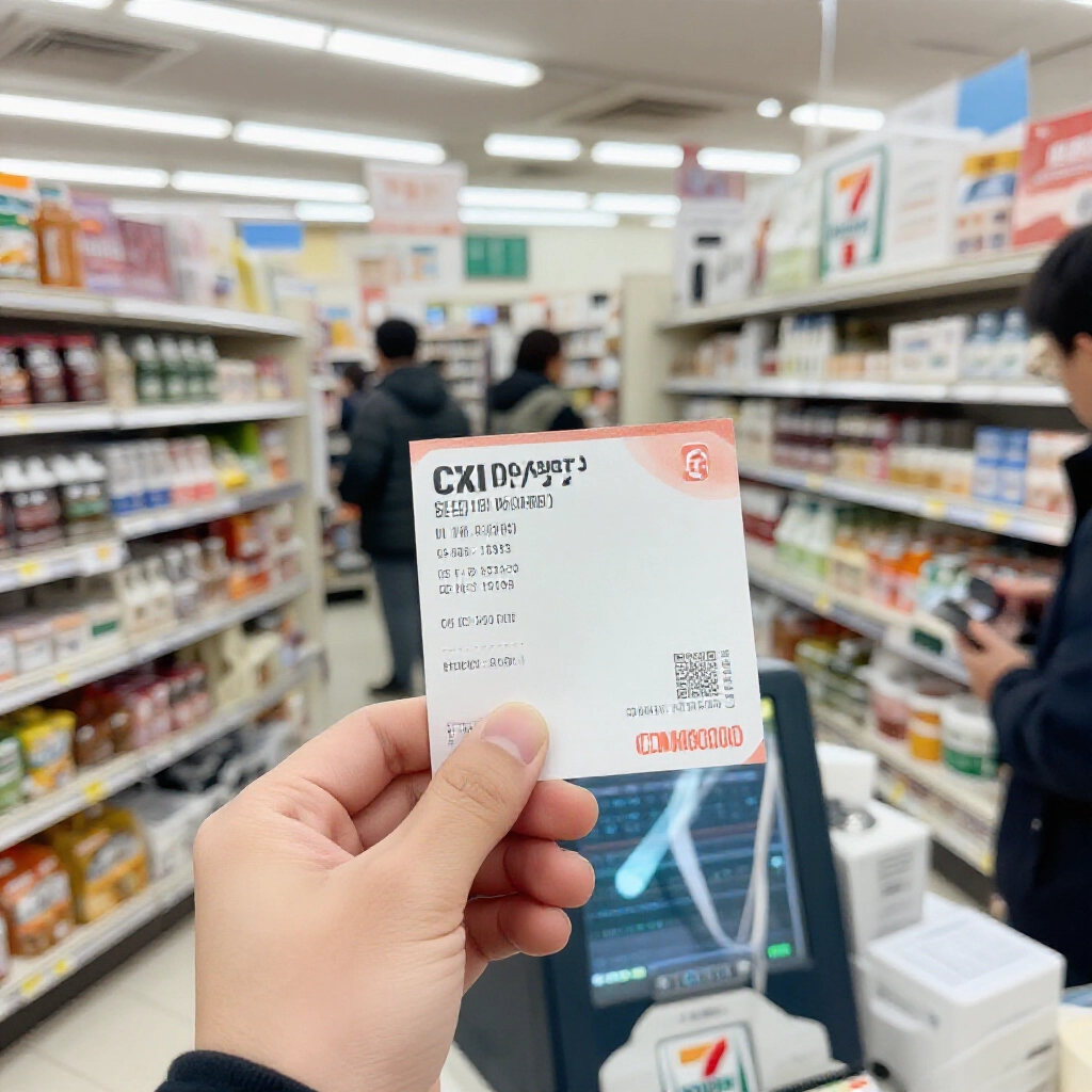 玩家在7-11櫃台拿MyCard兌換碼,機台列印繳費單,周圍貨架熱鬧