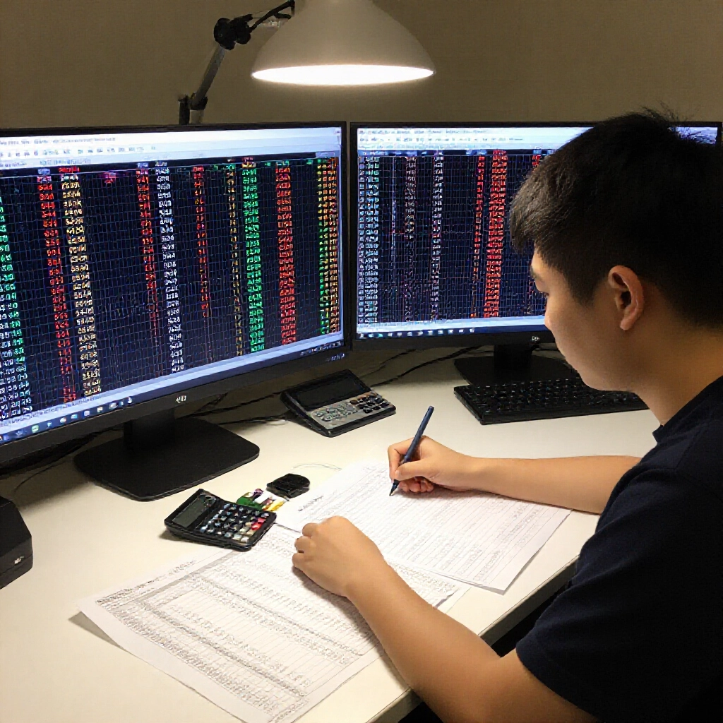 Taiwanese player at desk comparing 539 and tnt le charts on dual screens highlighting 234 star combinations pillar bump full car bets with calculator and odds tables under focused desk lamp light