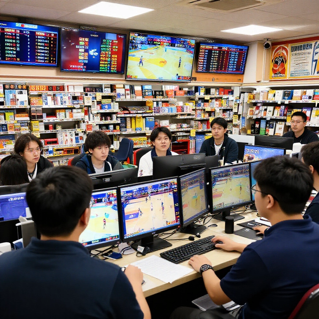 台灣投注店裡一群玩家盯著螢幕,分析歐洲盃讓分大小盤,氣氛熱烈專注
