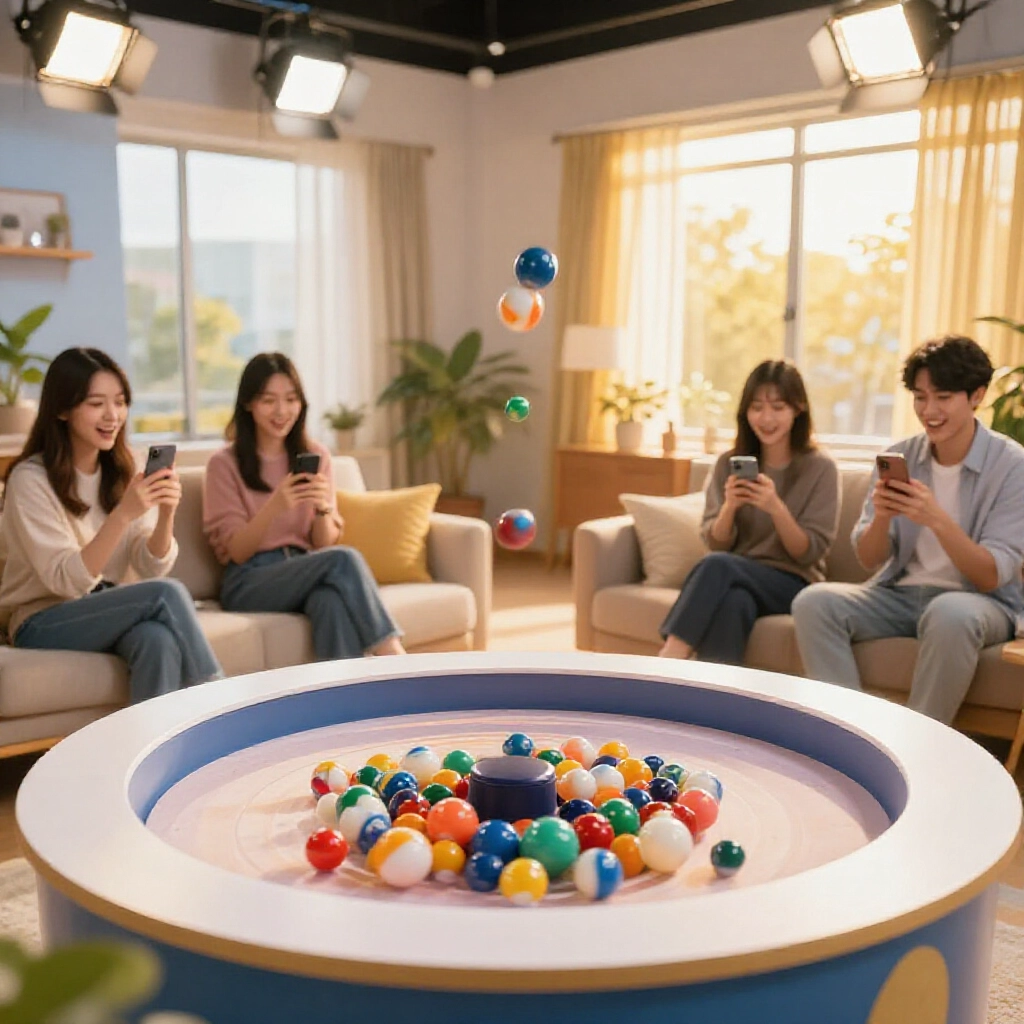Dynamic lottery drawing scene with colorful balls spinning in a modern studio under bright lights excited Taiwanese viewers checking phones in cozy morning home setting warm golden sunlight filtering through windows