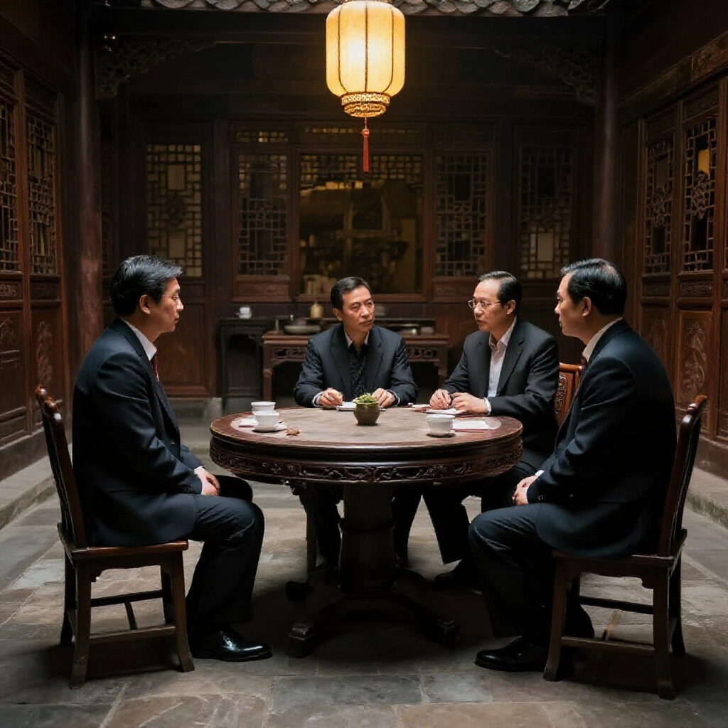 dimly lit traditional Taiwanese courtyard with three influential local leaders in formal attire gathered around a round table mediating a dispute soft golden lantern light casting shadows on antique wooden furniture evoking respect and balance