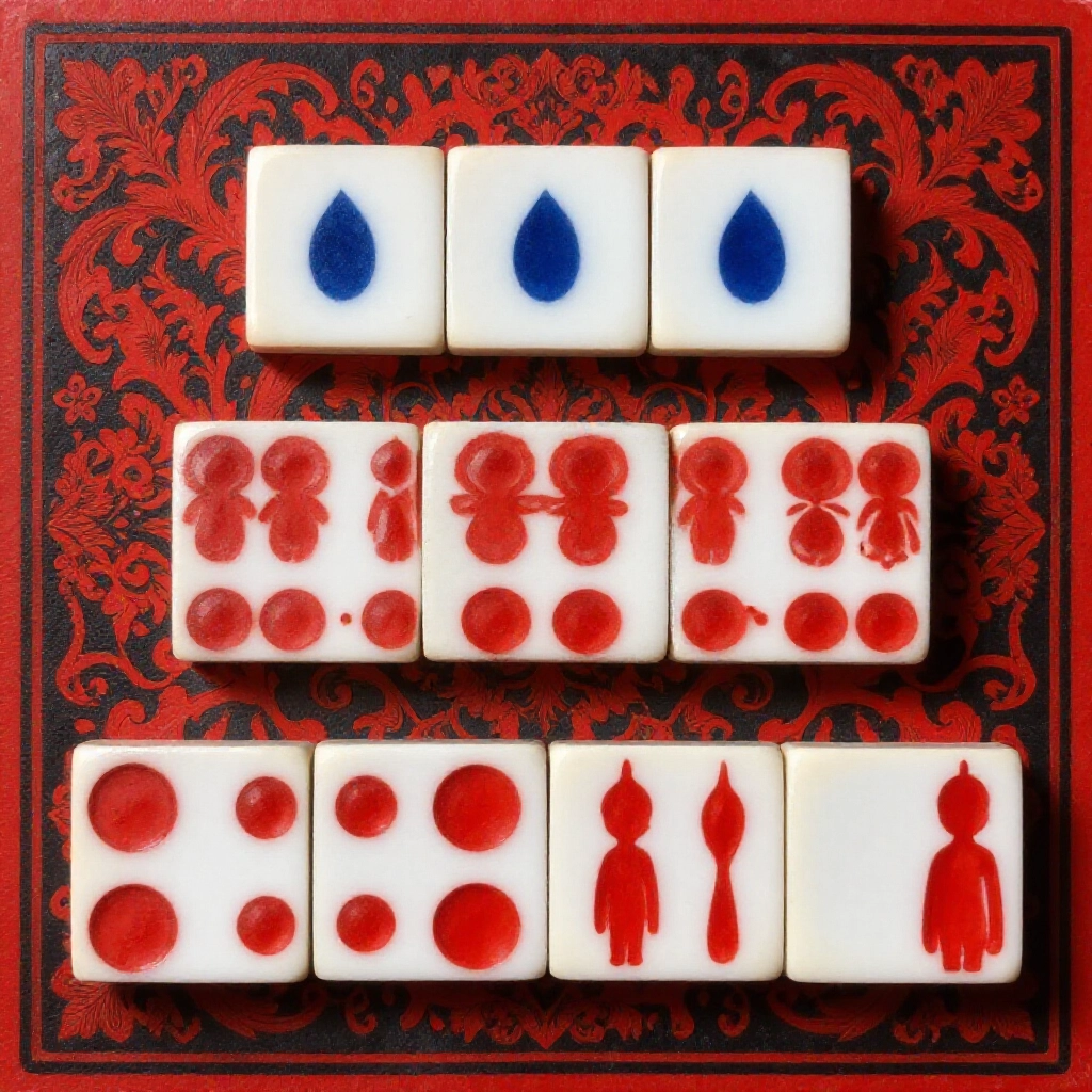 Hierarchical arrangement of Tianjiu Pai supreme tiles showing Ding San three dots paired with Er Si six dots above heavenly red sixes earthly red ones and human red fours on ornate red black background
