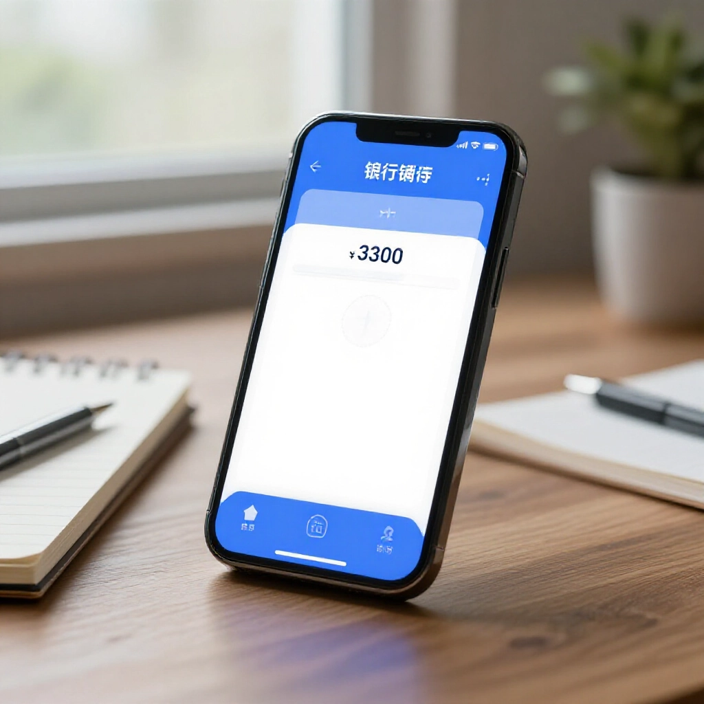 smartphone screen showing banking transfer interface to sports lottery virtual account modern clean design soft blue glow cozy desk setup with notebook and pen natural daylight filtering through window