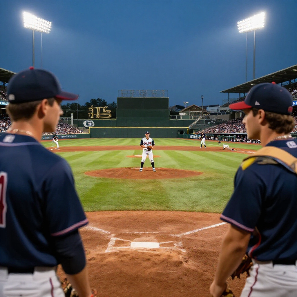 Closeup of baseball diamond during first inning two teams facing off starting pitchers warming up dugouts filled with players focused atmosphere under stadium floodlights